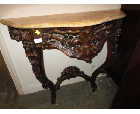 Reproduction carved wooden marble top console table with matching oval mirror