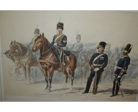 Framed coloured lithograph, sketches of British soldiers, No. 3 Royal Artillery, together with another ' Rocket Practice in t