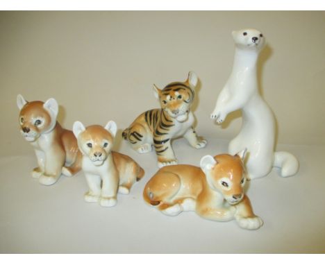 Group of five various ceramic figures of animals, including: lion cubs, ferret, tiger etc., mainly by Lomonosov, U.S.S.R.