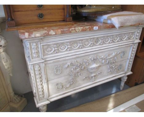 Reproduction French style white painted and distressed marble top three drawer commode on turned fluted supports