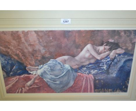 Sir William Russell Flint, artist signed coloured print, reclining nude female, published 1966 by Frost and Reed, 12ins x 23i