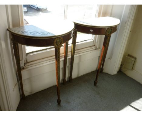 Pair of late 19th / early 20th Century continental walnut painted and gilded half round side table with intaglio marble tops