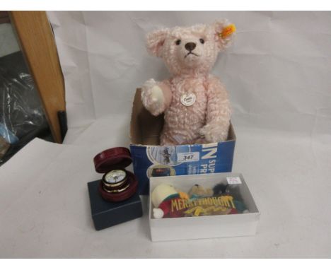 Modern Steiff pink teddy bear, three small Merrythought stuffed toys, a reproduction table clock and a cased silver teaspoon