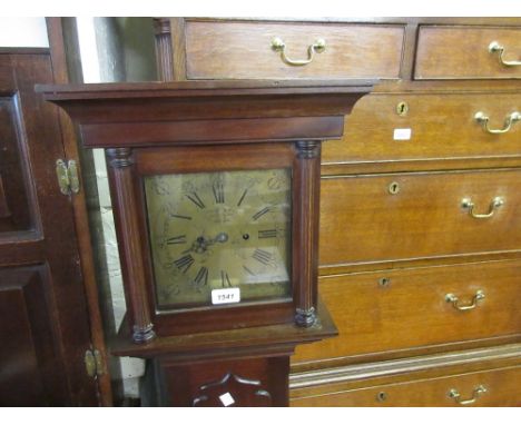 Mahogany cased grandmother clock, the square hood flanked by half fluted side columns above a shaped door, the plinth base wi