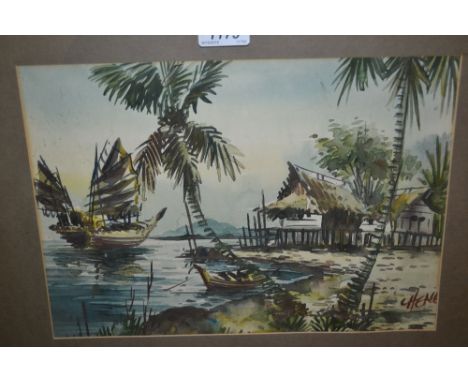 Pair of watercolours, Eastern scenes, oil on canvas, portrait of an Arab, together with two Batik pictures