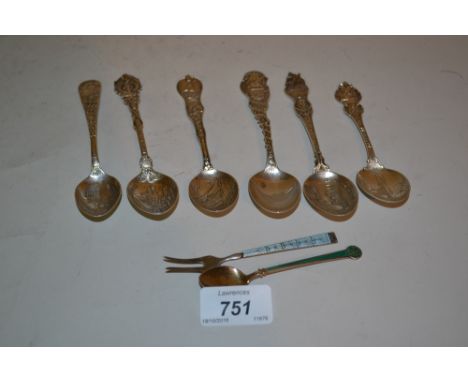 Group of six various American sterling silver souvenir spoons, Danish silver gilt green enamel spoon (a/f) and Danish silver 
