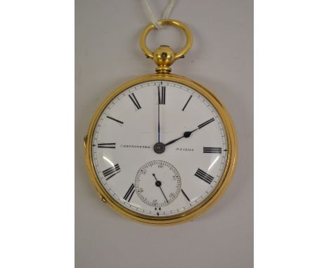 Grimaldy and Johnson, 19th Century English 18ct gold cased open face full chronometer pocket watch with spring detent visible
