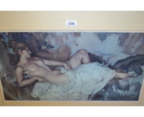 Sir William Russell Flint, artist signed coloured print, reclining nude figure, published 1963 by Frost and Reed, 12.5ins x23