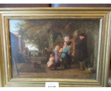 After Thomas Webster R.A., oil on panel on a print base, a peep show of the Battle of Waterloo, bears initials and inscriptio
