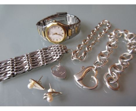 925 Silver alternating heart chain link bracelet with heart form clasp, silver chain link bracelet, silver gate bracelet with
