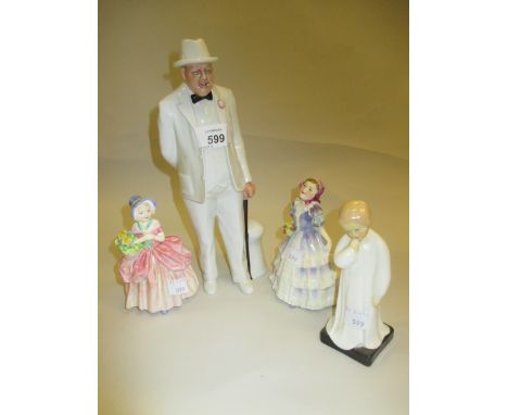 Group of five various Royal Doulton figures, ' Sir Winston Churchill ', ' Ruby ', ' Lucky ', ' Darling ' and ' Cissie '