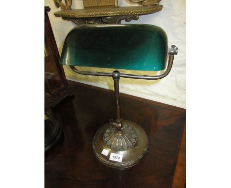 Early 20th Century anodised metal desk lamp with green glass shade