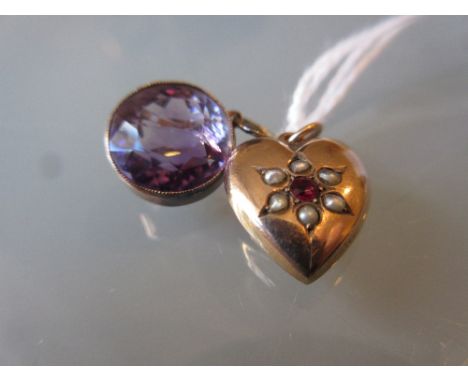 9ct Gold heart shaped pendant set ruby and seed pearls together with a small amethyst pendant