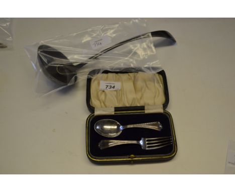 Cased silver Christening pair, a large plated ladle, two spoons and a pair of sugar tongs
