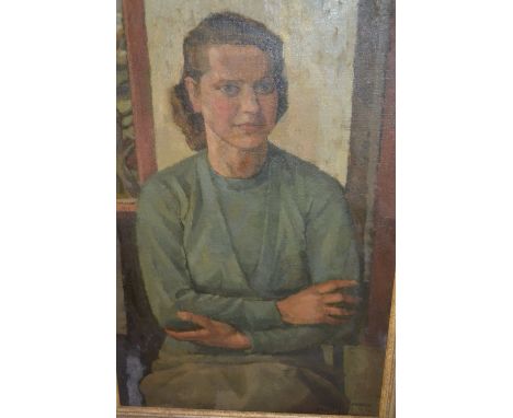 Dorothy Russell, mid 20th Century oil on canvas, portrait of a seated lady, Gwyneth, signed and dated 1952, 29.5ins x 19ins, 