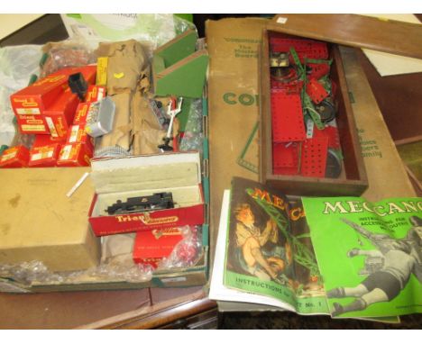 Quantity of Triang railway accessories, some boxed, small quantity of Meccano and a Corinthian bagatelle board in original bo