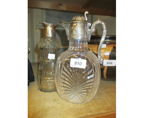 Edwardian cut glass claret jug with plated mounts together with a cut glass decanter with silver collar