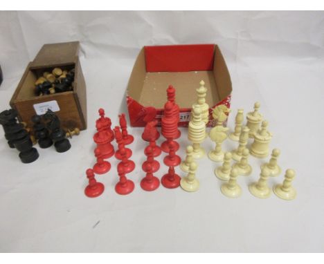 19th Century natural and red stained turned bone chess set (a/f), together with a boxwood chess set