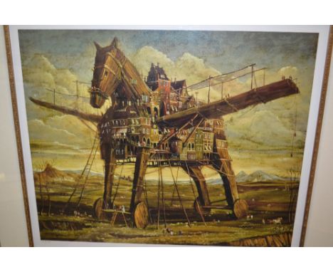 Pair of artist signed Limited Edition colour prints, Trojan Horse and an Island, together with a small monochrome print, nude