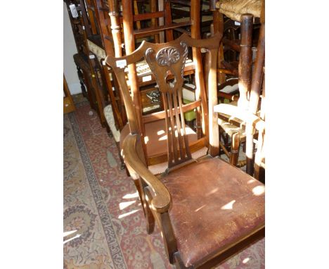 Edwardian mahogany open armchair with carved and pierced splat back together with a mahogany framed firescreen with a needlew