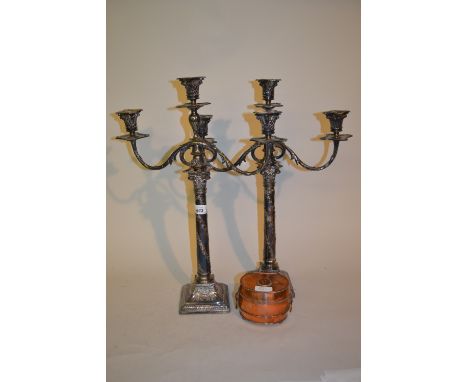 Pair of late 19th or early 20th Century Adam style silver plated three light candelabra, the Corinthian column bases decorate