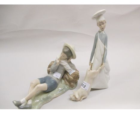 Lladro figure of a chef with a piglet and another figure of a reclining boy