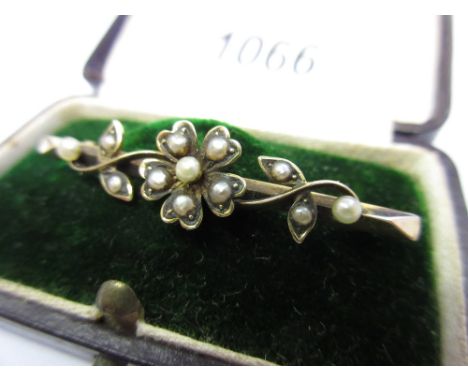 15ct Gold seed pearl set bar brooch