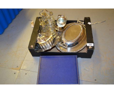 Small box containing a quantity of various silver plated items including: sucrier, dish and cover with stand etc