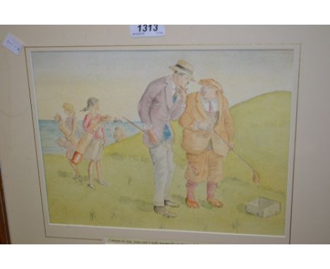 20th Century watercolour of golfers entitled ' I Mean to Say You Can't Talk Normally in Front of Those Girls ', unsigned, 8.5