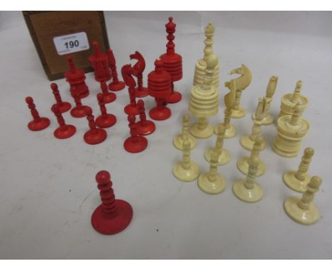 19th Century natural and red stained turned bone chess set