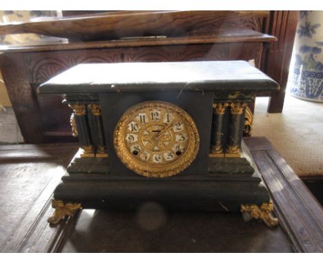 19th Century black painted gilt metal mounted mantel clock (a/f) together with a 19th Century oil lamp with glass well and et