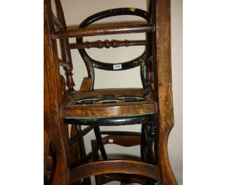 Victorian black lacquered papier mache bedroom chair, a Regency side chair, two other side chairs, a firescreen, a commode an