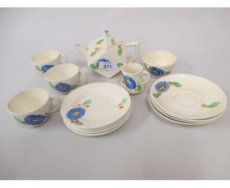 Art Deco Hancocks, ' Tea for Four ' service comprising: teapot, cream jug, sugar bowl, three cups and four various saucers ha