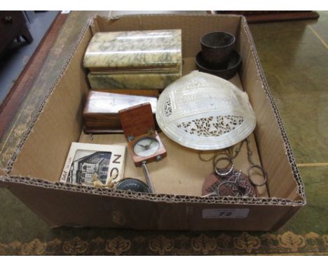 Small wooden cased compass, a carved abalone shell depicting the Last Supper, three pairs of ornate scissors and a small quan