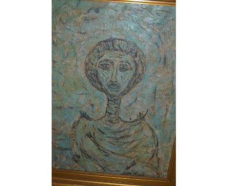 Greek school, mixed media on canvas, heavily applied head and shoulder portrait, indistinctly signed, dated 1954, gilt framed