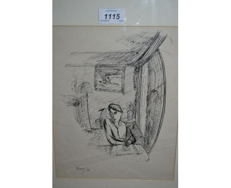 Helen Kapp, pen and ink self portrait, sketch of the artist seated at a table, signed and dated '31, 10.5ins x 8ins, framed