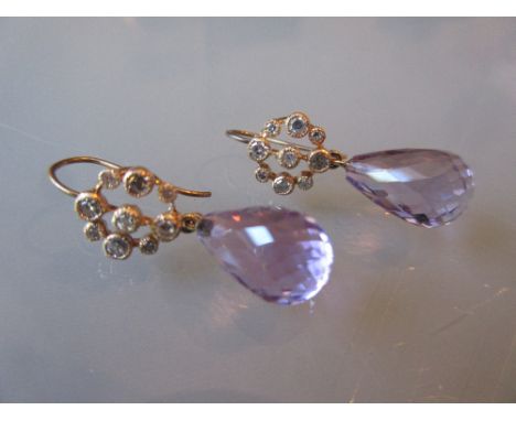 Pair of faceted amethyst and diamond drop earrings