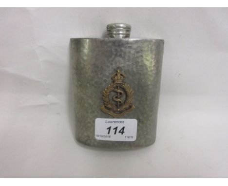 English beaten pewter hip flask, applied with a Royal Army Medical Corps badge