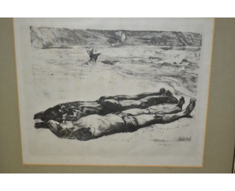 John Copley, etching of sunbathers on a beach, signed in pencil