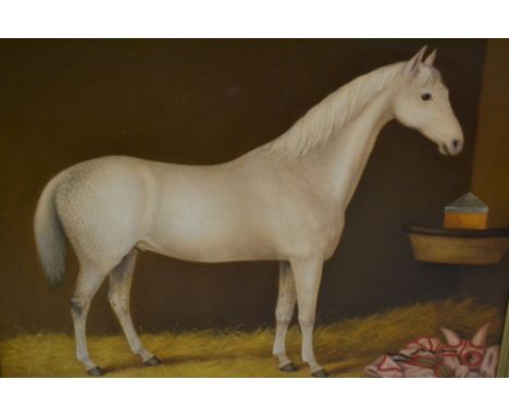 C. Horner, 19th Century oil on canvas, portrait of a grey horse in a stable, signed and inscribed Otley, 25ins x 30ins, gilt 