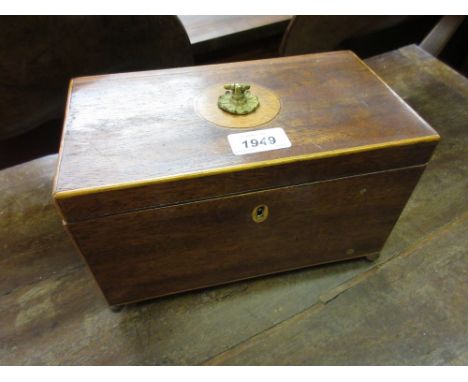 19th Century mahogany line inlaid three division tea caddy on low brass bun supports (a/f)