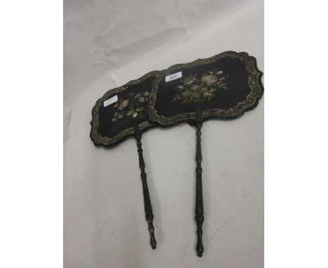 Pair of 19th Century black lacquered papier mache and mother of pearl inlaid face screens