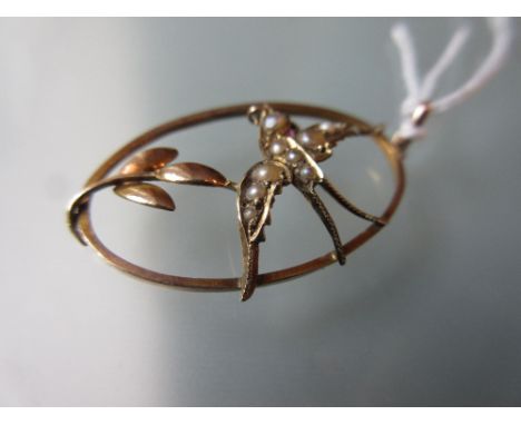 9ct Gold oval swallow pendant set seed pearls and amethyst
