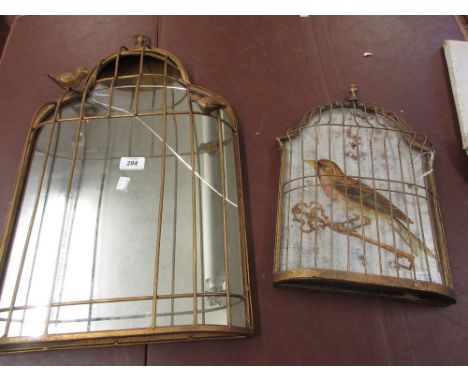 Wall mounted mirror with bird cage frame (a/f) and a similar wall mounting half bird cage with print of a bird