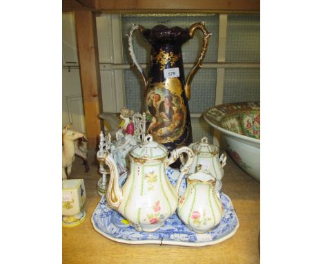 Small 19th Century blue and white Spode plate, blue and white Meissen cup and saucer, Victorian two handled gilt decorated va