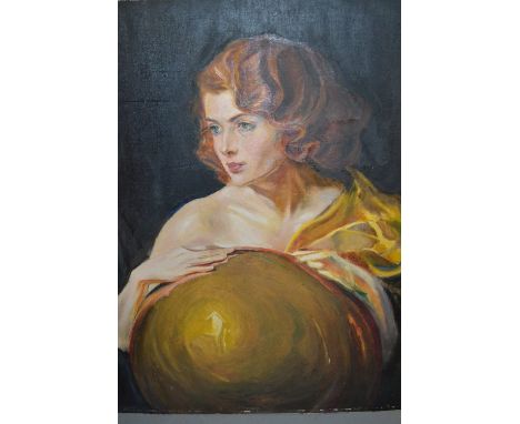 20th Century oil on card, head and shoulder portrait of a young lady wearing a gold dress, unframed, unsigned, 28ins x 22ins