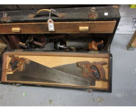 Pine black painted tool box containing a quantity of various 19th and 20th Century woodworking tools including a Record No. 5