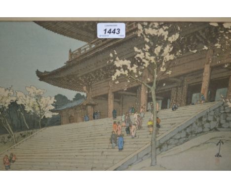 Hiroshi Yoshida signed etching, view of Choin-In temple gate together with a Japanese wood block print of a bird in foliage