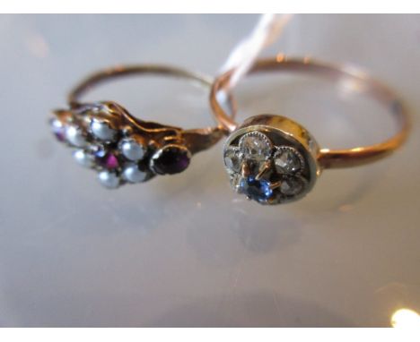 Victorian yellow gold sapphire and diamond set flower head ring, together with another Victorian garnet and split seed pearl 