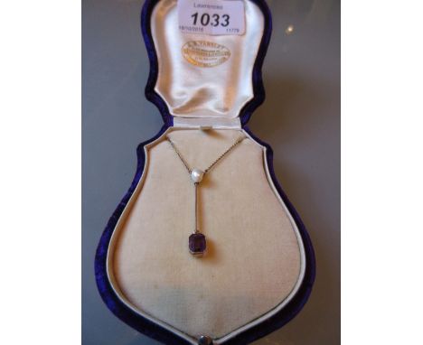 9ct Gold amethyst and pearl drop pendant on a fine gold chain